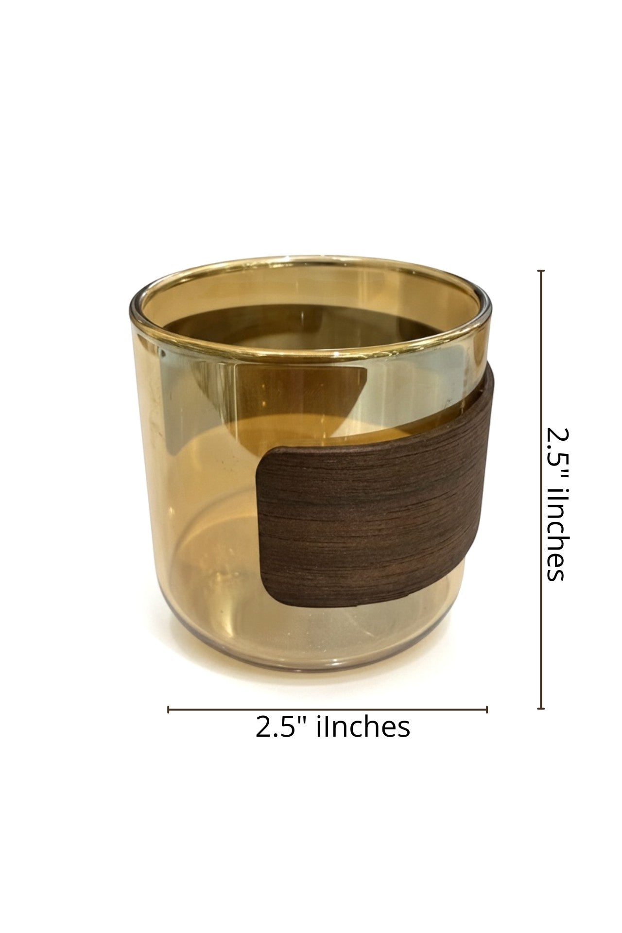 High Objects EMBERFORM glass cup with amber tint and dark wood grip sleeve. Set of 6.