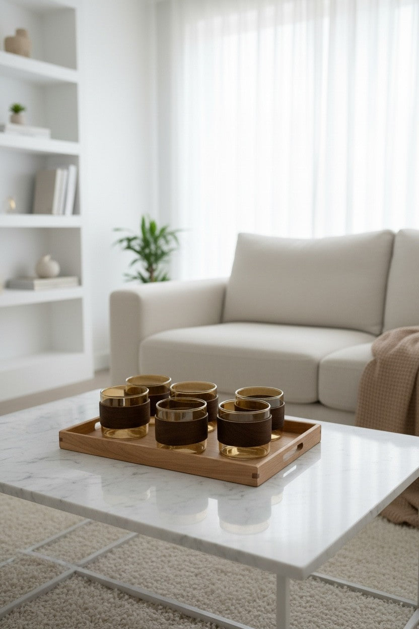 High Objects EMBERFORM™ amber glass cups with wooden grip sleeves, set of 6, on a wooden tray.