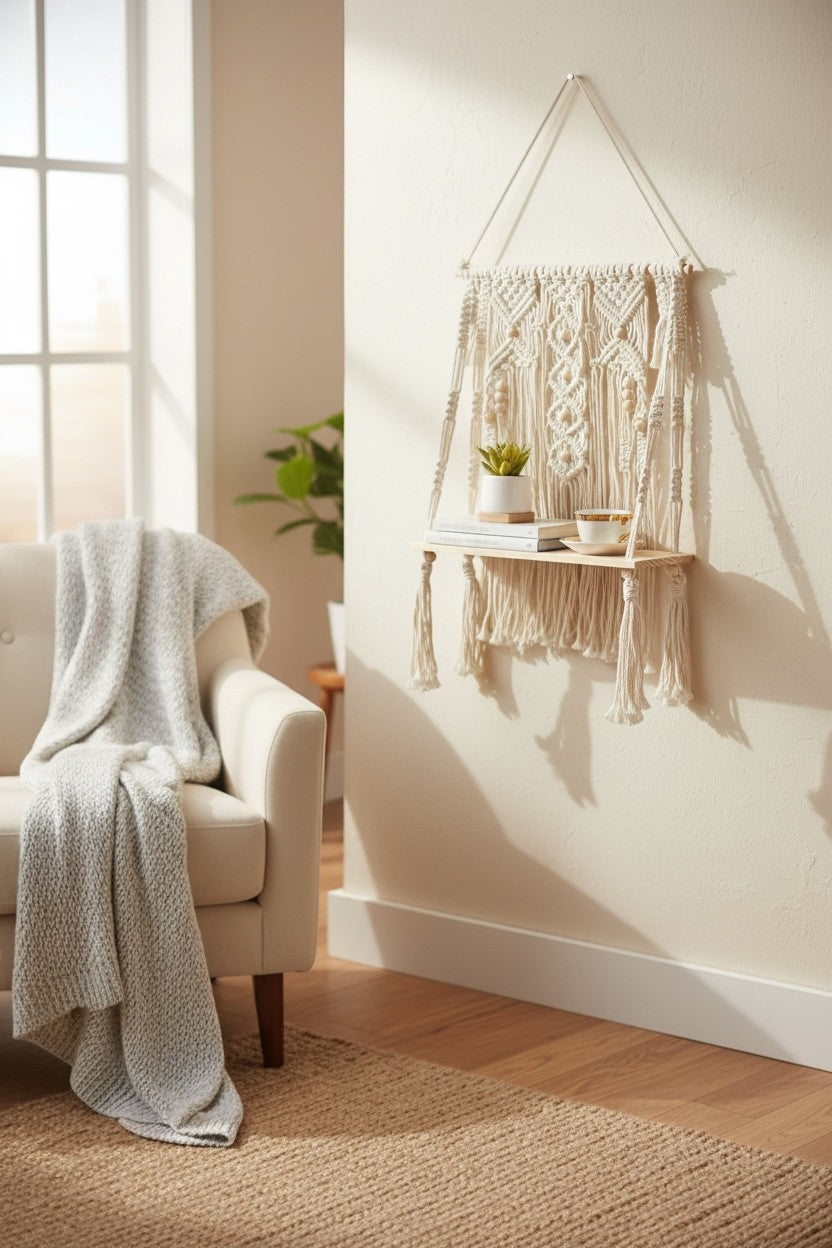 High Objects Ethos Boho wall shelf with macrame detailing, wooden shelf, and tassels. Natural cotton.