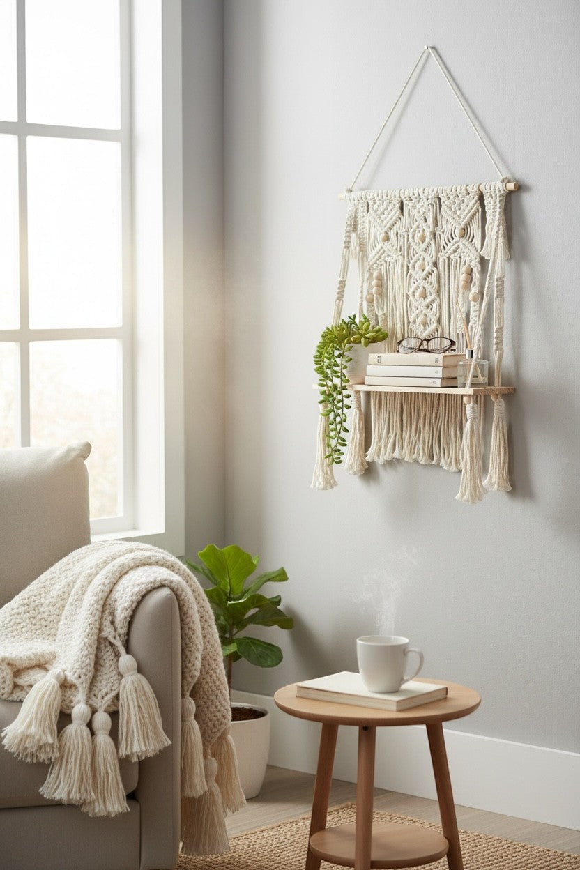 High Objects Ethos Boho Wall Shelf with macrame detailing, wooden shelf, and tassels. Holds books and a plant.