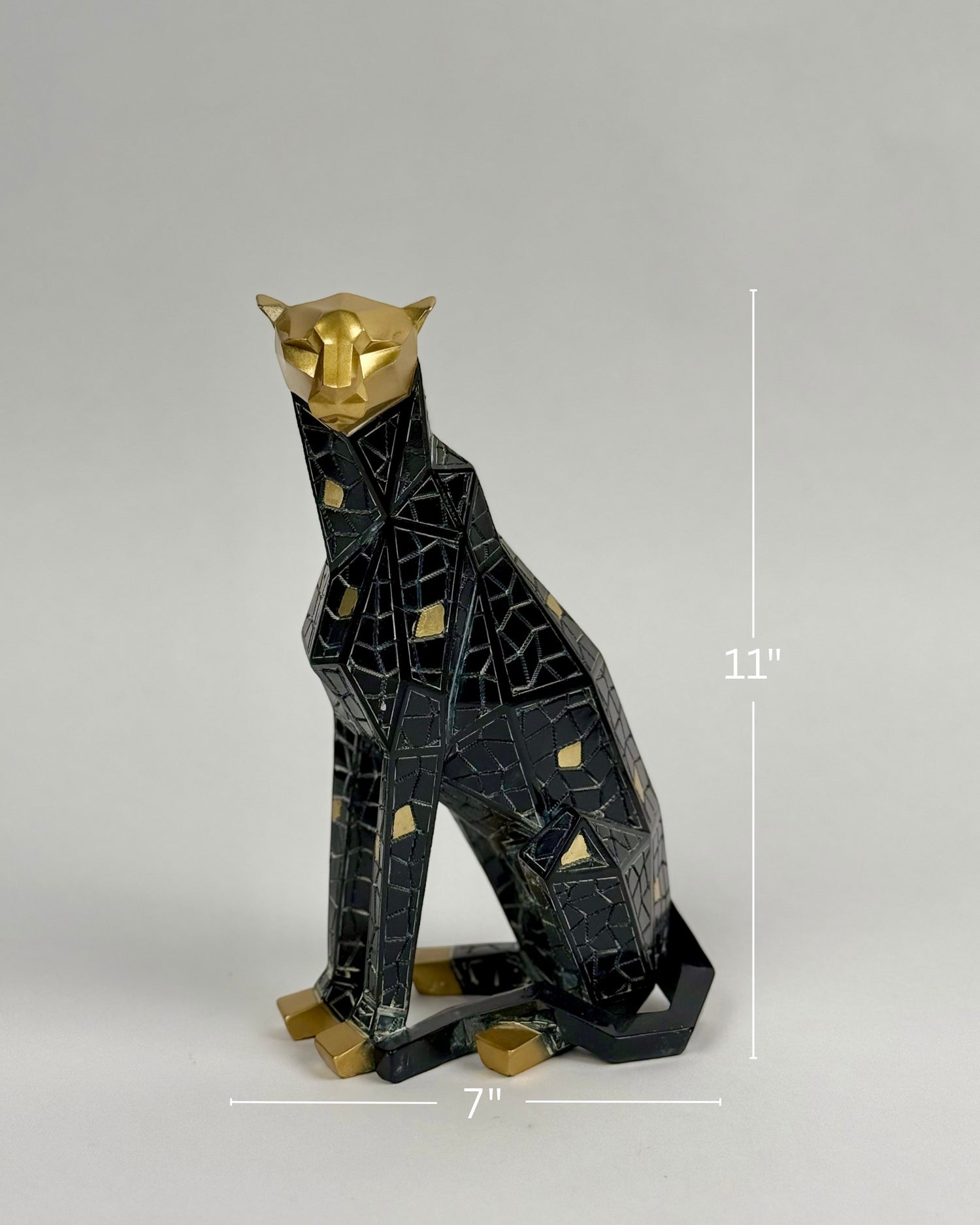 High Objects Geometric Panther Showpiece, black polyresin with gold accents, modern abstract mosaic design.