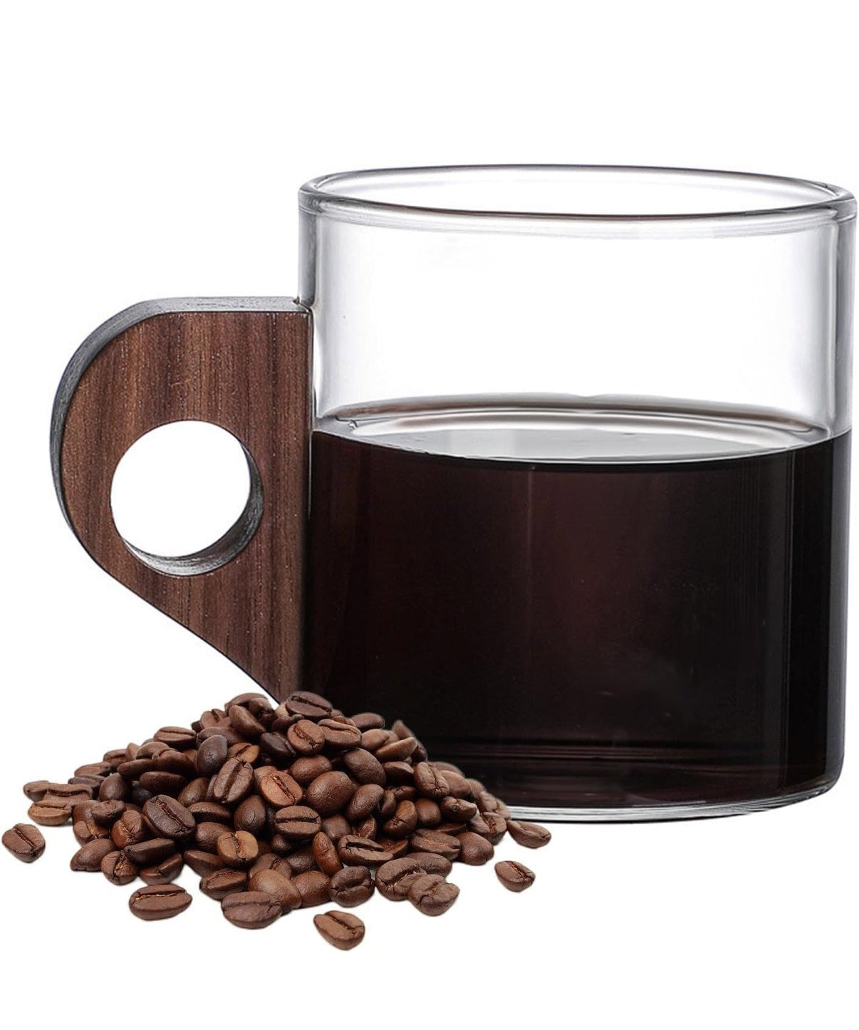 High Objects clear glass coffee cup with a unique wooden handle and a pile of coffee beans.