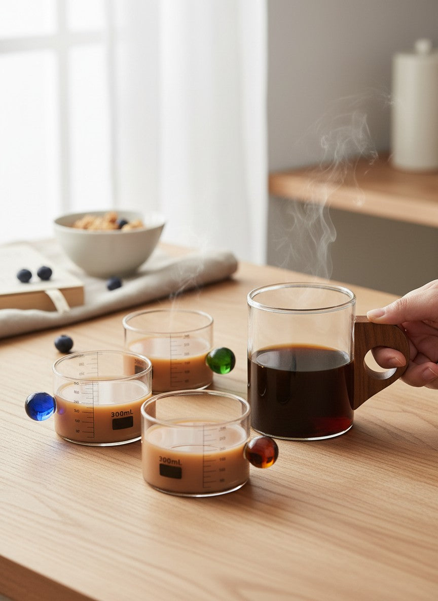 High Objects glass cup bundle featuring four beaker-style cups with colored glass handles and one mug with a wooden handle, filled with coffee.