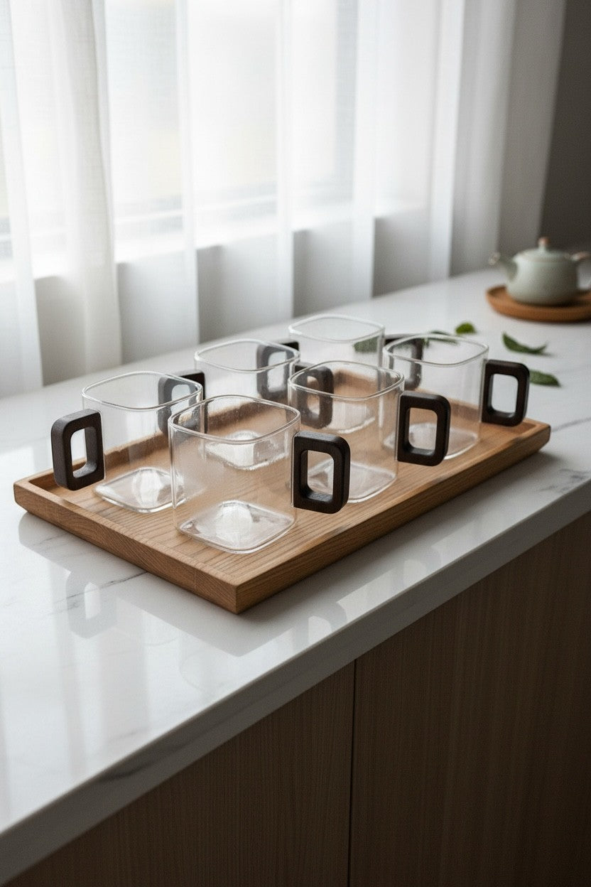 High Objects AXISFORM™ set of 6 clear glass square cups with dark geometric handles on a wooden tray.