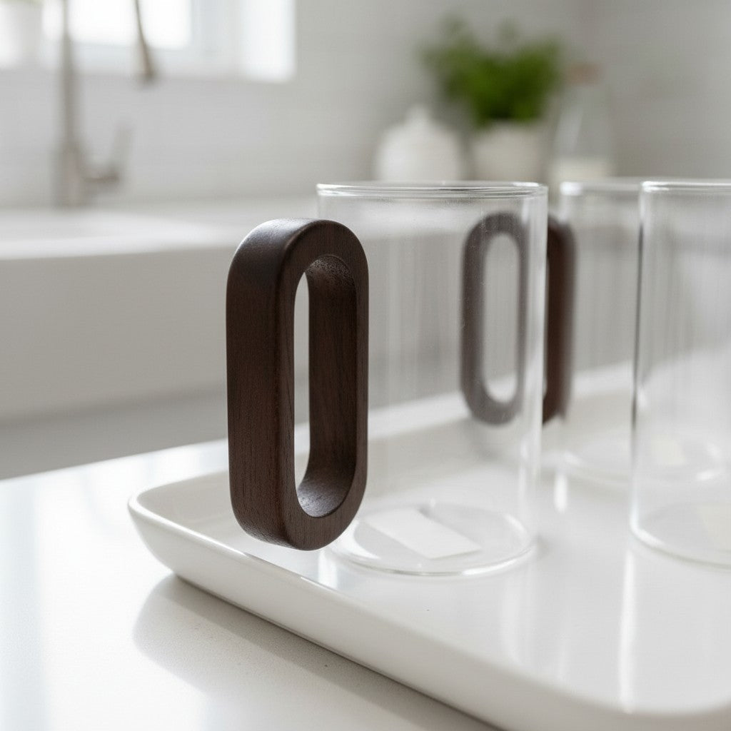 High Objects OBLIQ glass cups with dark wood handles, set of 4, on a white tray in a modern kitchen.