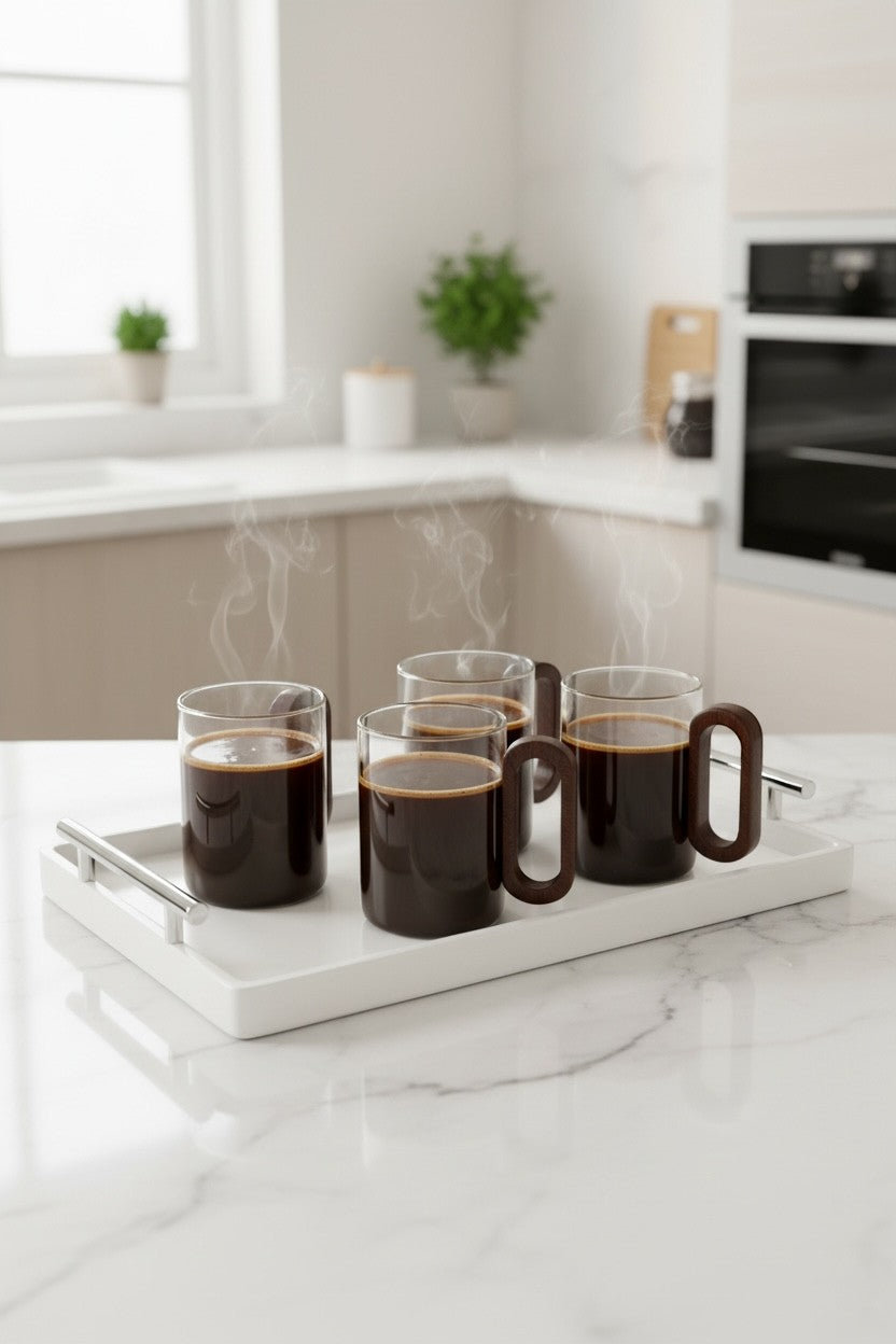High Objects OBLIQ glass cups with dark wood handles, set of 4, filled with steaming coffee on a white tray.