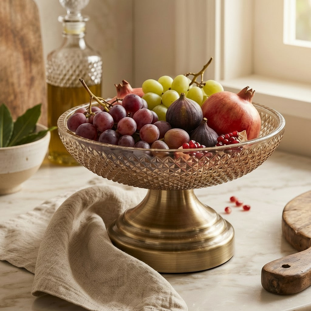 High Objects ornate glass pedestal fruit bowl filled with grapes, figs, and pomegranates on a marble countertop.