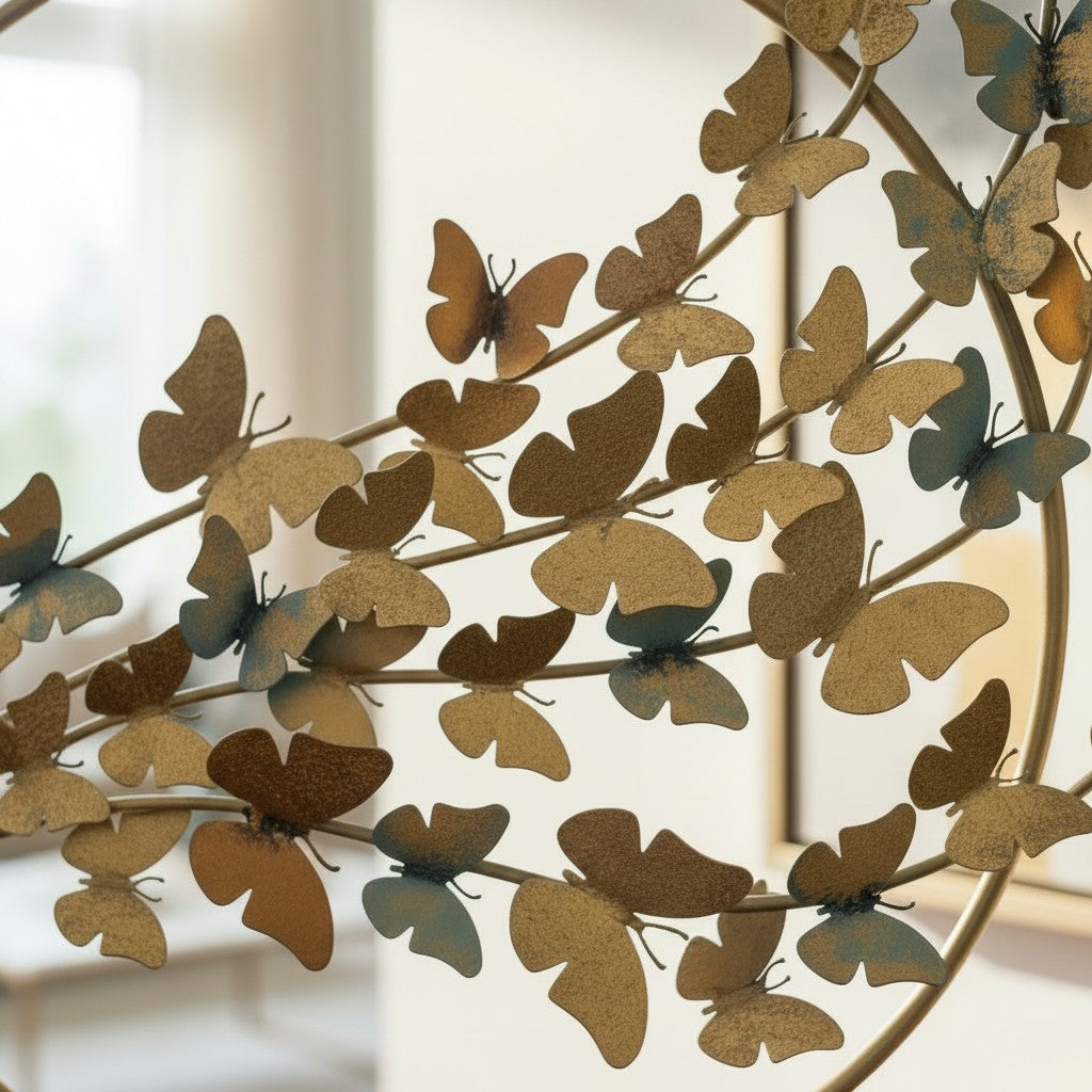 High Objects gold metal circular sculpture with a branch of butterflies in gold, bronze, and blue hues.