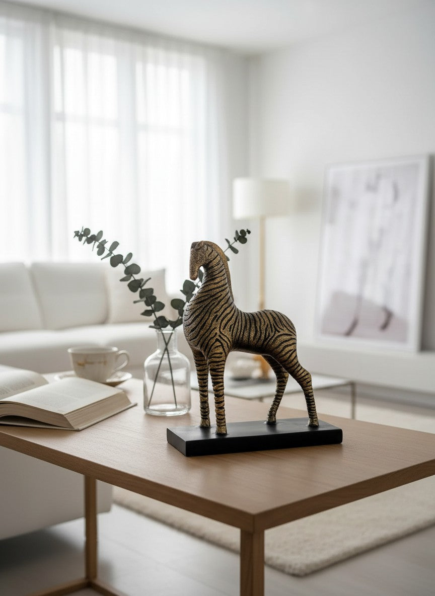 High Objects gold and black zebra-striped horse showpiece on a black base.