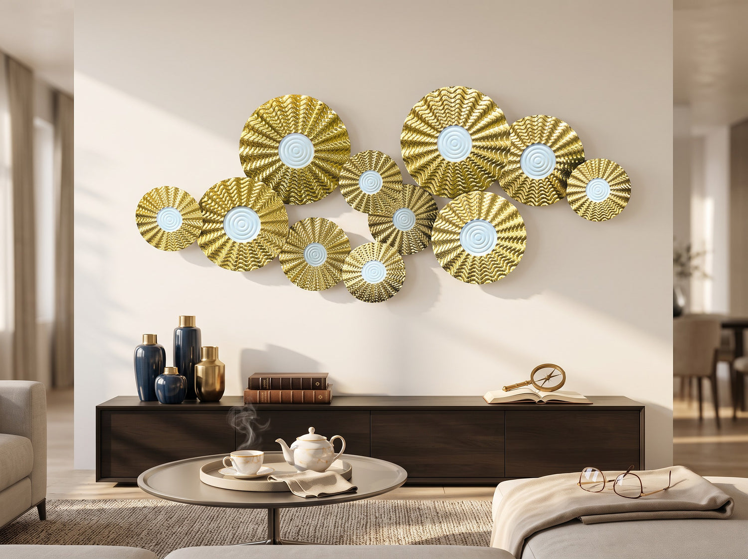 High Objects gold metal wall art featuring a cluster of textured circular discs with white centers in a modern living room