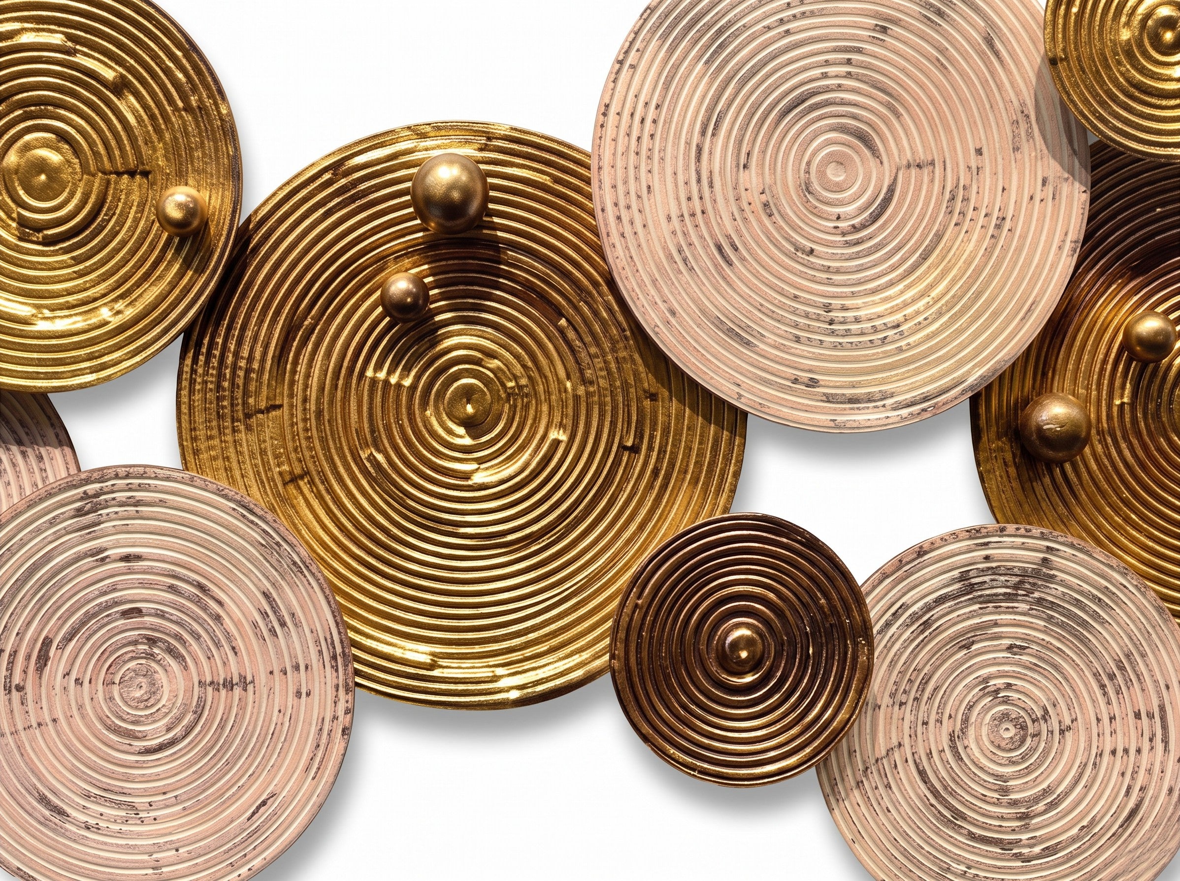 High Objects wall art featuring metallic gold and blush pink circular discs with concentric ring textures and spheres