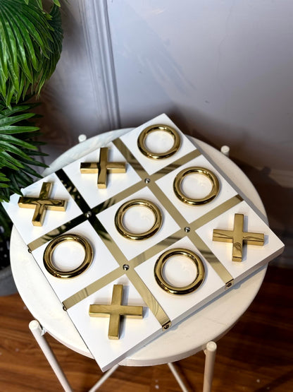High Objects Gold Tic-Tac-Toe Table Decor Set with MDF base and gold-tone iron pieces.