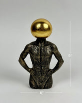 High Objects Golden Mind Showpiece, a 9-inch polyresin sculpture of a muscular torso with a golden orb head, symbolizing intellect and strength.