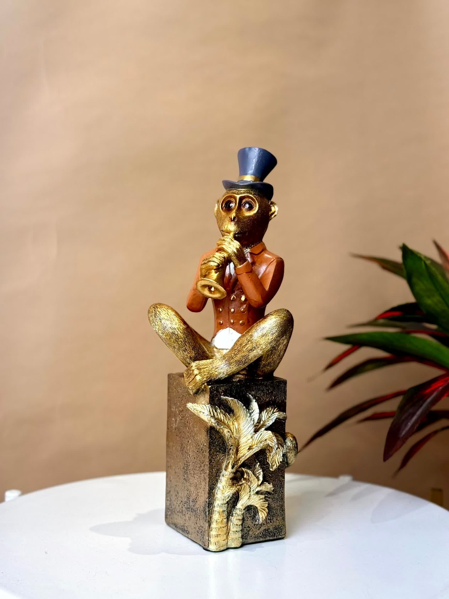 High Objects Golden Serenade Monkey Showpiece, gold monkey with flute, vintage coat, top hat, polyresin, decorative accent