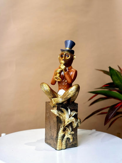 High Objects Golden Serenade Monkey Showpiece, gold monkey with flute, vintage coat, top hat, polyresin, decorative accent