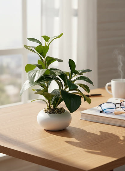 High Objects small green plant in a white ceramic pot with pebbles on a wooden desk.