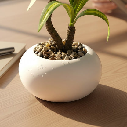 High Objects white ceramic pot with a green and yellow striped plant, on a wooden desk next to a notebook and pen.