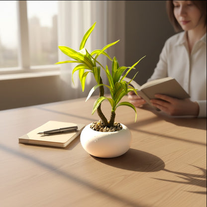 High Objects white ceramic pot with a small green and yellow striped plant, on a wooden desk next to a notebook and pen.