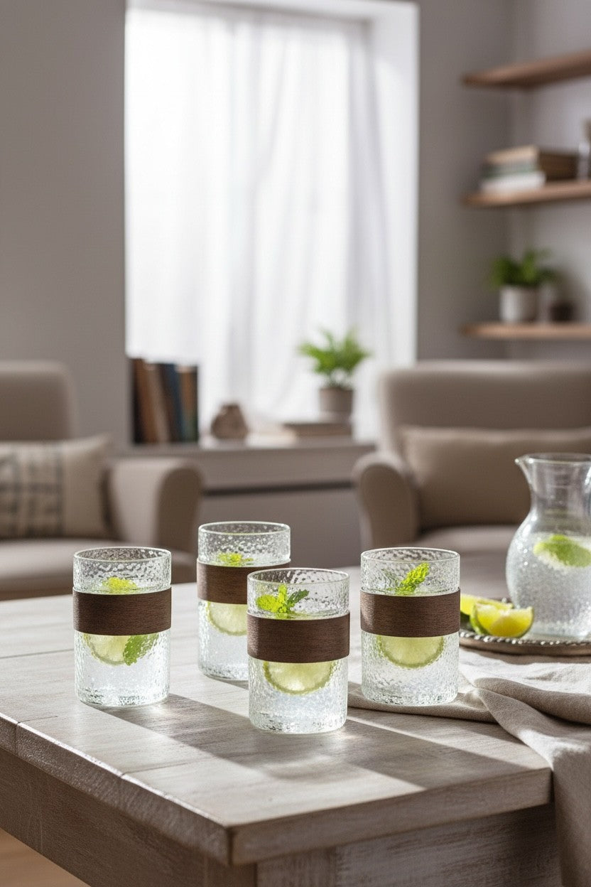 High Objects HALOFORM™ set of 4 textured clear glass cups with wooden bands, holding water, lime, and mint.