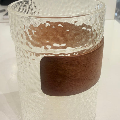 High Objects HALOFORM™ clear textured glass cup with a natural wooden band, set of 4.