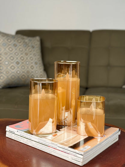 High Objects Halomist LED candles in amber glass, set of 3, modern design, flickering LED flame.