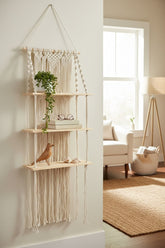 High Objects Harmony Hanging Shelf, handmade with cream cotton rope and natural wood, featuring 3 tiers for decor.