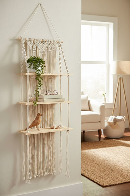 High Objects Harmony Hanging Shelf, handmade with cream cotton rope and natural wood, featuring 3 tiers for decor.