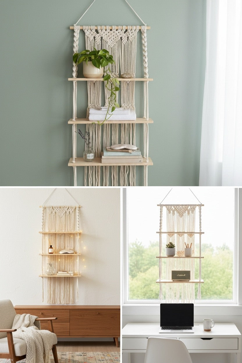 High Objects Harmony hanging shelf made of natural cotton rope and wood with macrame detailing. Cream color.