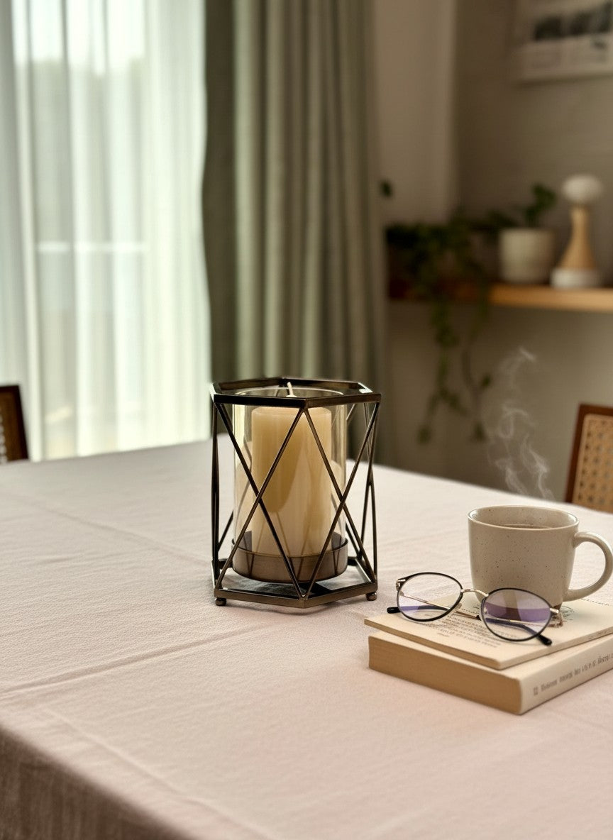 High Objects Hexagrid Candle Stand with geometric metal frame and glass cylinder holding a cream pillar candle.
