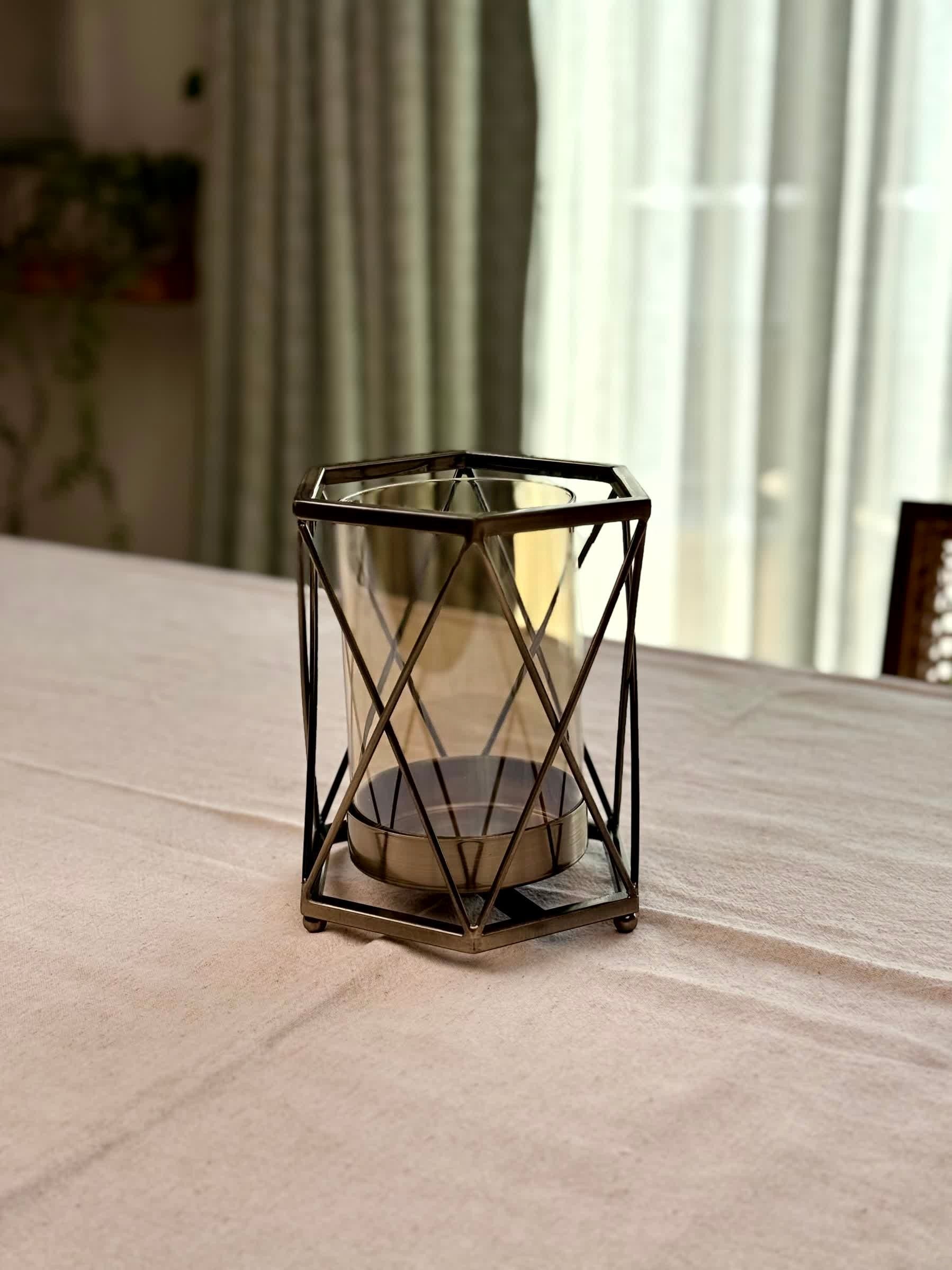High Objects Hexagrid Candle Stand, geometric metal frame with tinted glass cylinder, modern decor