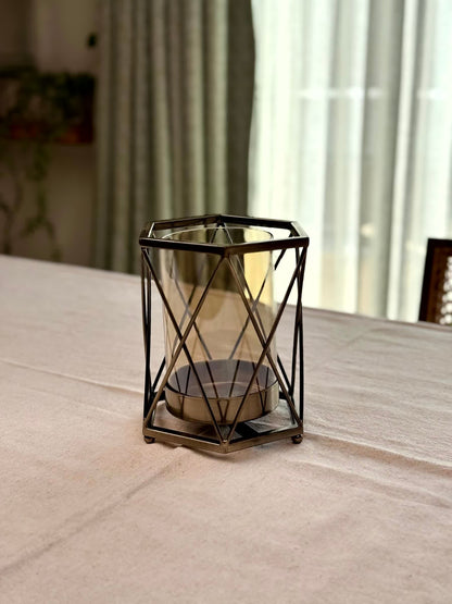 High Objects Hexagrid Candle Stand, geometric metal frame with tinted glass cylinder, modern decor