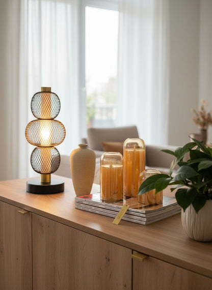 High Objects Complete Home Ambience Decor Set with LED candles, vase, potted plant, and table lamp.