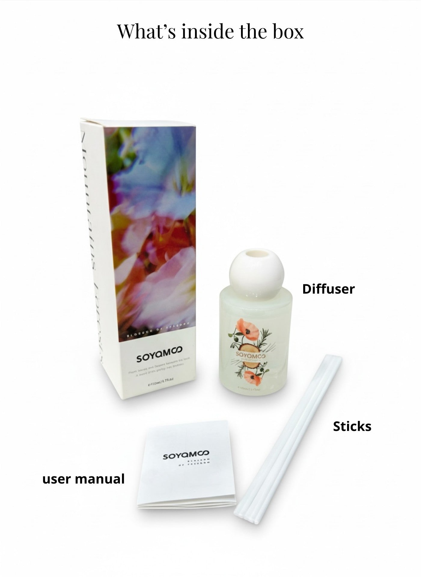 High Objects elegant frosted glass reed diffuser with floral artwork, 110ml, rich jasmine scent.