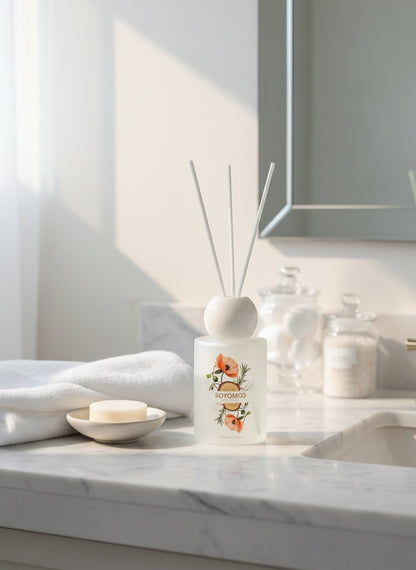High Objects frosted glass reed diffuser with floral artwork and jasmine scent, 110 ML capacity.