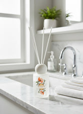 High Objects frosted glass reed diffuser with floral artwork and white reeds, 110 ML, Rich Jasmine scent.