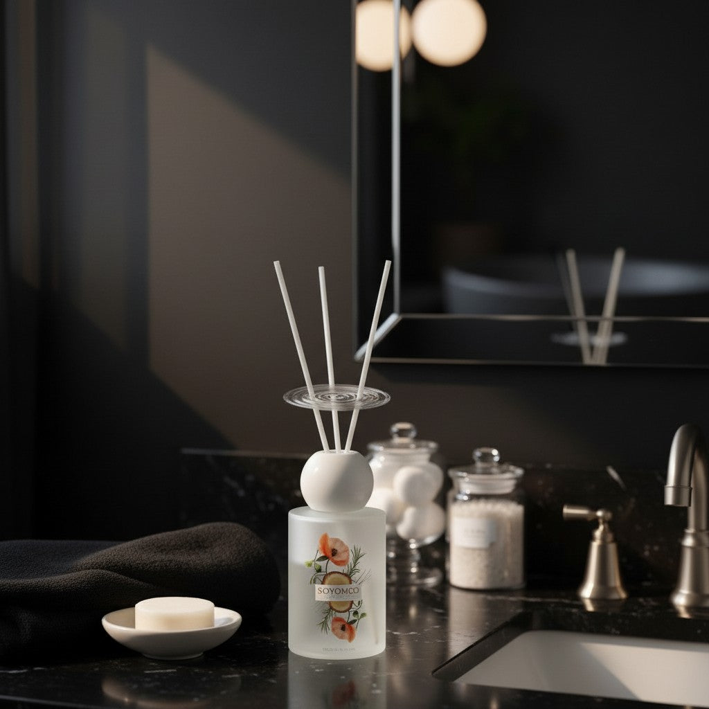 High Objects elegant frosted glass reed diffuser with floral artwork and jasmine scent, 110 ML.