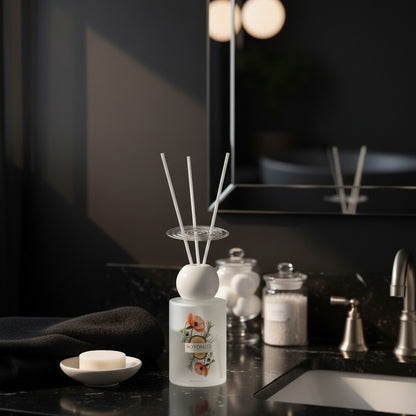 High Objects elegant frosted glass reed diffuser with floral artwork and jasmine scent, 110 ML.