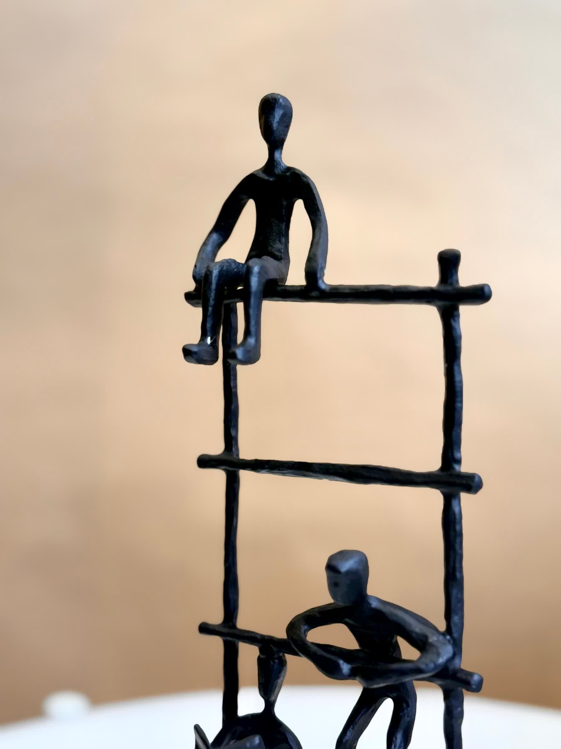 High Objects Journey Ladder Artefact figurine, abstract figures climbing ladder, matte black iron, modern decor