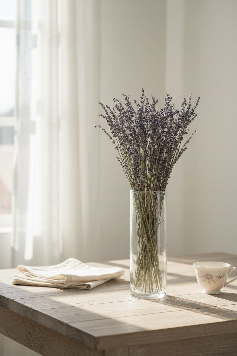 High Objects Lavande Still dried lavender stems in a clear glass vase on a wooden table.