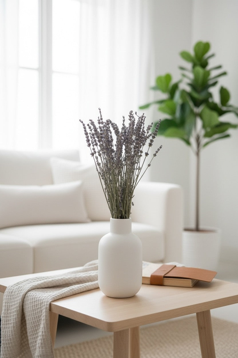 High Objects Lavande Still dried lavender stems in a matte ivory ceramic vase on a wooden table.