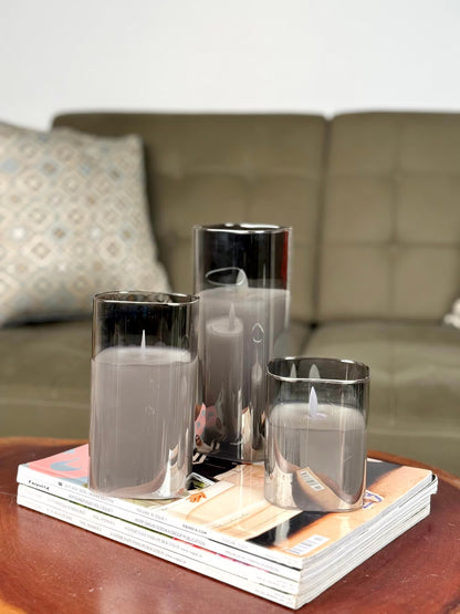 High Objects Halomist LED Candle Collection, set of 3 grey tinted glass candles with flickering LED flames, modern home decor.