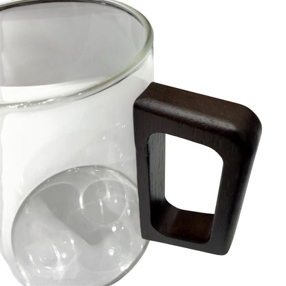 High Objects LINEA glass cup with a dark wood square handle. Set of 4.