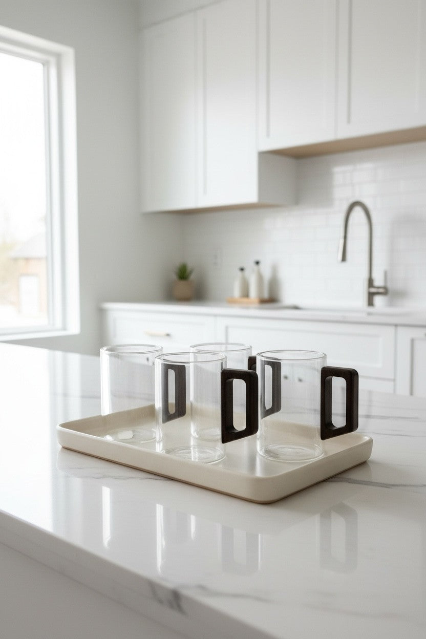 High Objects LINEA™ set of 4 clear glass cups with dark squared handles on a tray.