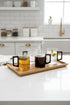 High Objects LINEA glass cups with dark square handles, set of 4, holding tea, coffee, and infused water.