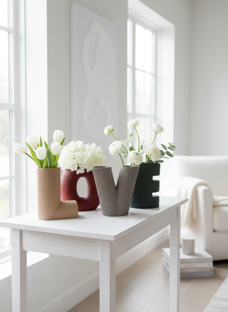 High Objects set of 4 decorative vases in the shape of the word LOVE, in tan, burgundy, grey, and green.