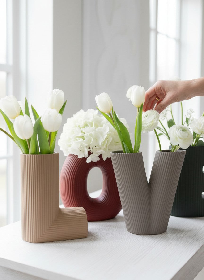 High Objects "L" vase in tan, "O" vase in burgundy, "V" vase in grey, and "E" vase in green, all with ribbed textures and holding white flowers.