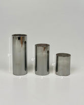 High Objects Lumiglass LED Candle Collection, set of 3 silver metallic pillar candles in glass cylinders, 8", 6", and 4" tall.