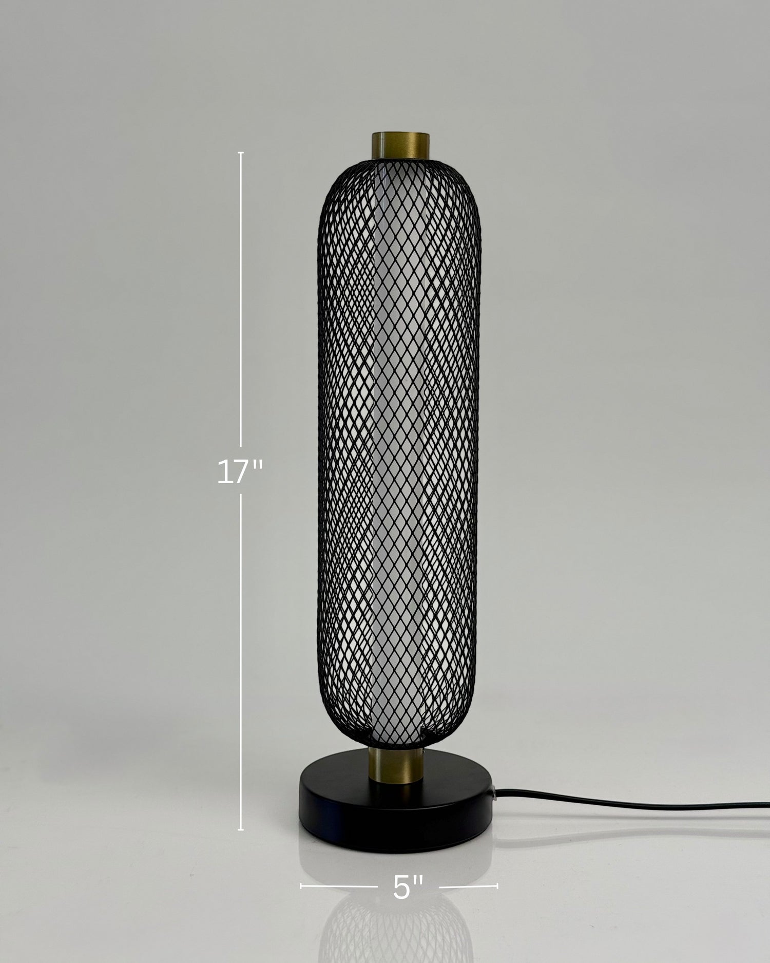 High Objects Lumina Mesh Column Table Lamp, matte black base, gold accents, cylindrical black mesh shade, 17" tall