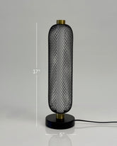 High Objects Lumina Mesh Column Table Lamp, matte black base, gold accents, cylindrical black mesh shade, 17" tall