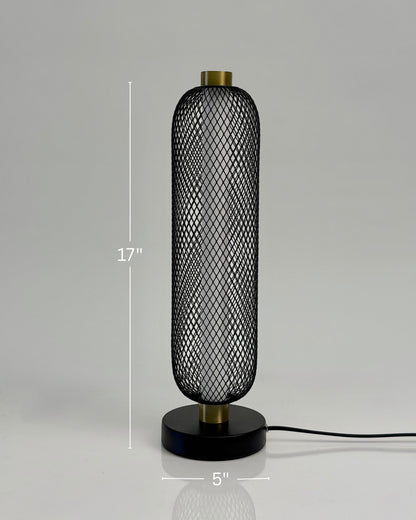 High Objects Lumina Mesh Column Table Lamp, matte black base, gold accents, cylindrical black mesh shade, 17" tall